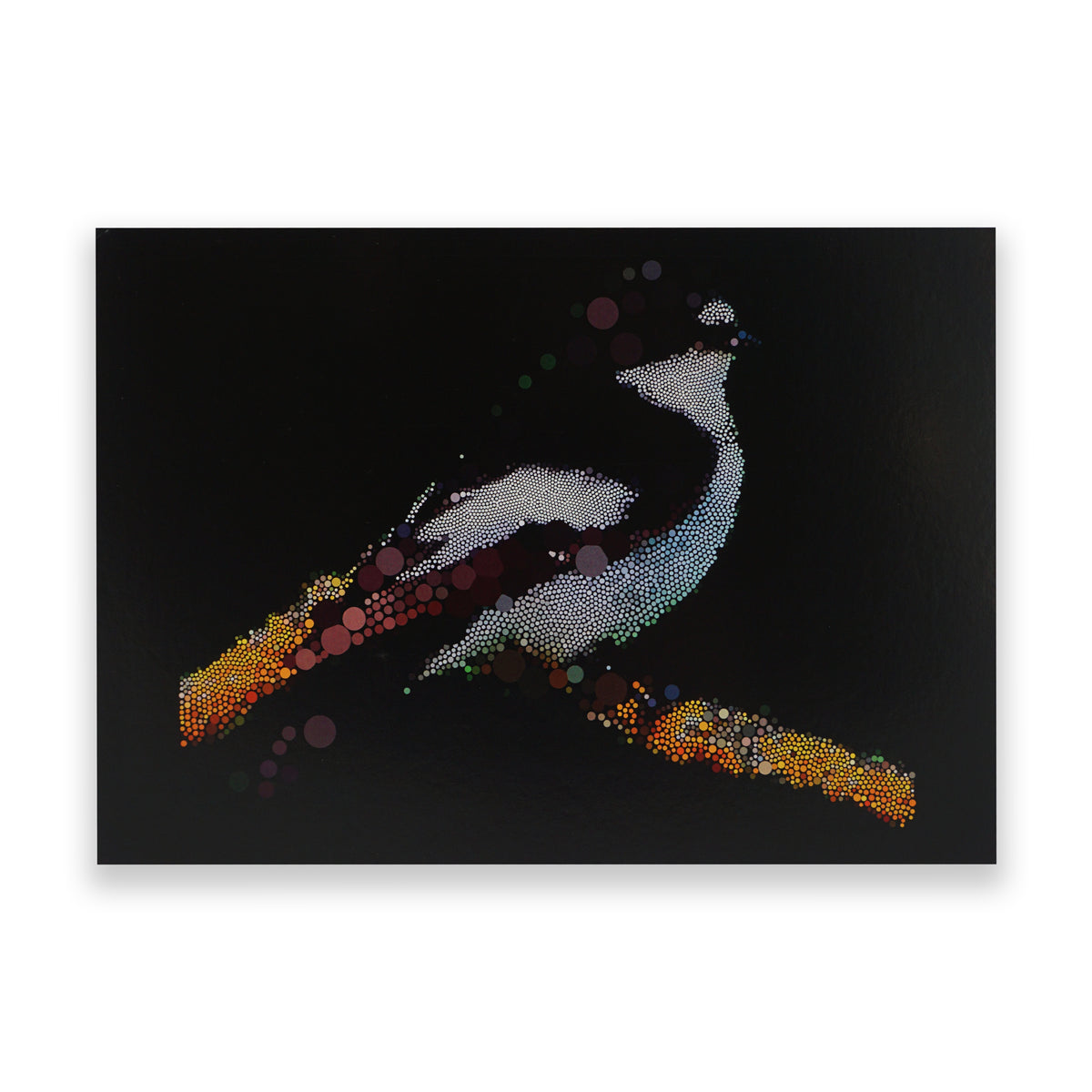 Decorative art postcard of a bird on a branch with colourful dots on a black background