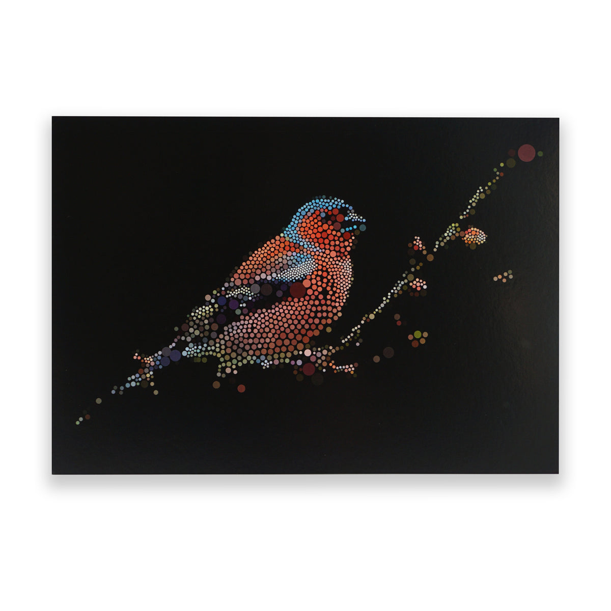 Artistic postcard featuring a bird on a branch with a black background
