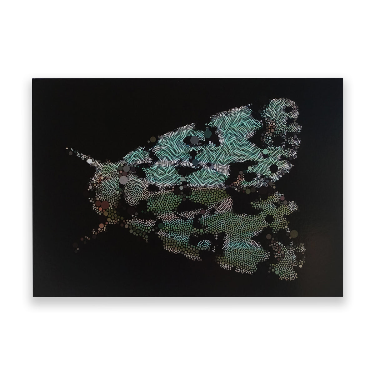 Postcard showing a moth made of small dots on a black background