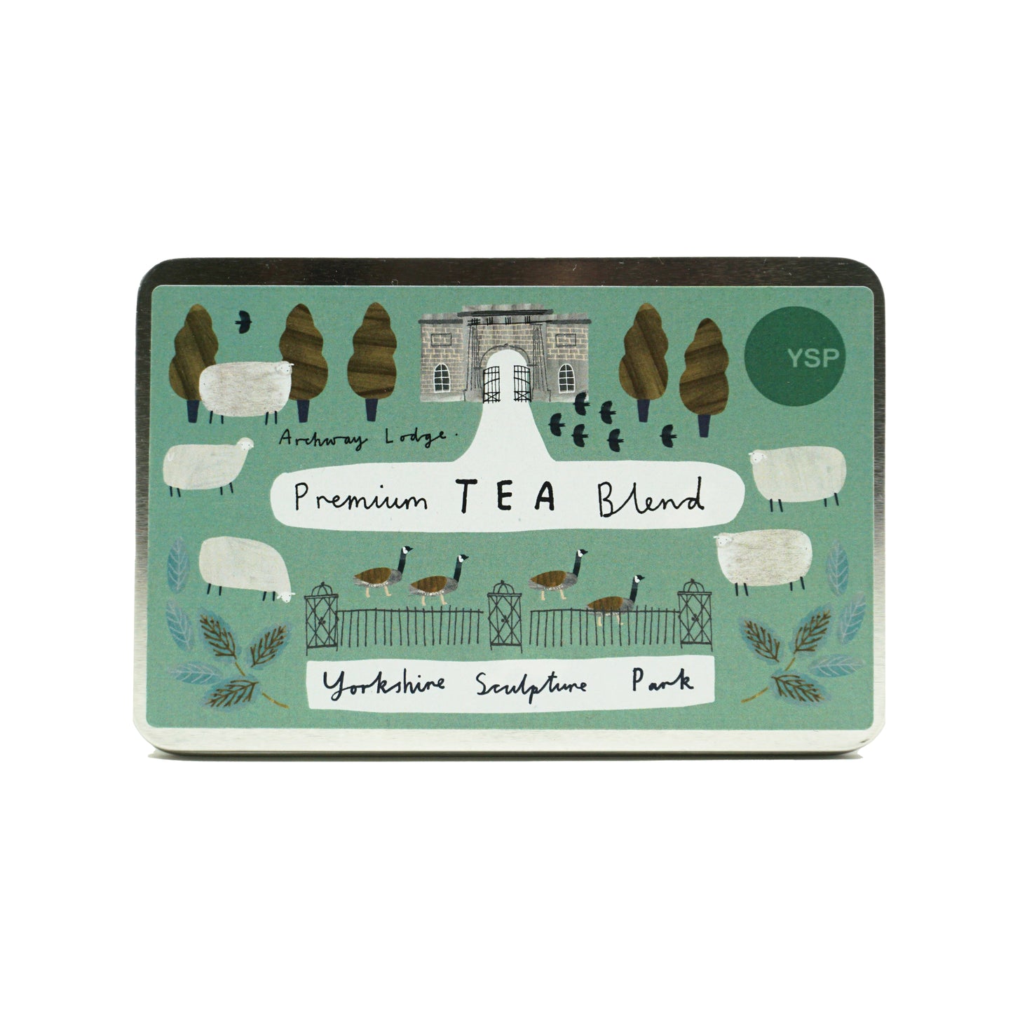 A metal tin of premium tea blend tea bags with a green label featuring illustrated geese, sheep and trees.