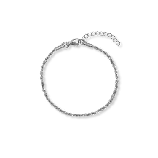A round rope chain silver bracelet featuring a clasp at the top.