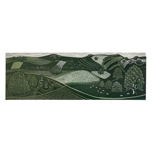 A green linocut print featuring a wide shot of a landscape that shows trees, sheep and rolling hills.
