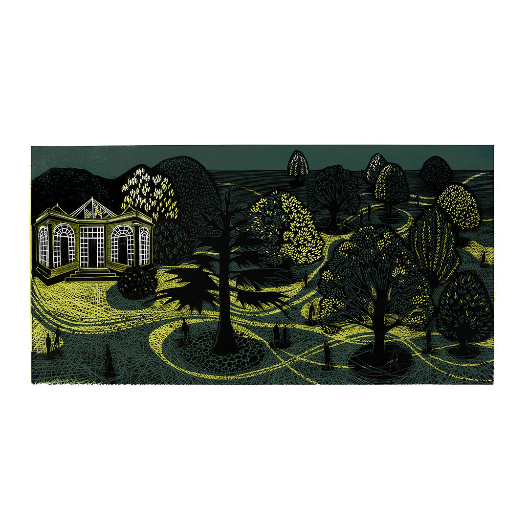 Illustration of a Camellia House with trees, people walking and a garden.