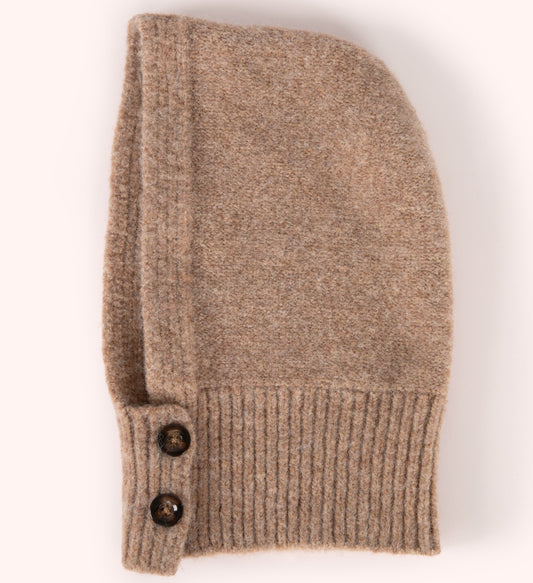 Brown knitted snood with buttons on a white background