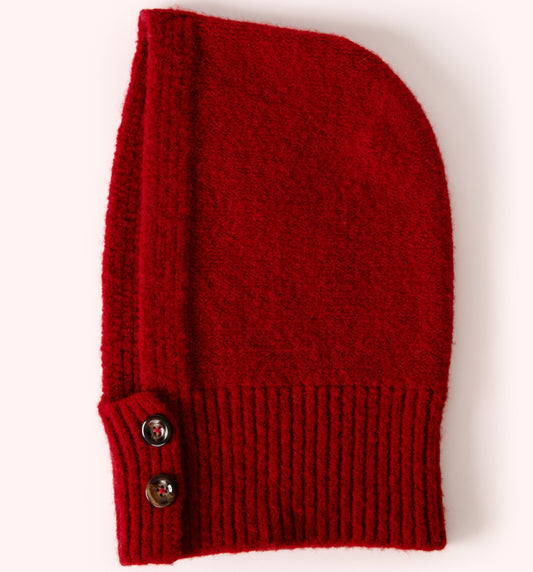 Red knitted snood with two buttons on a white background