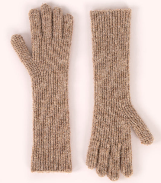 Pair of beige gloves on a white background