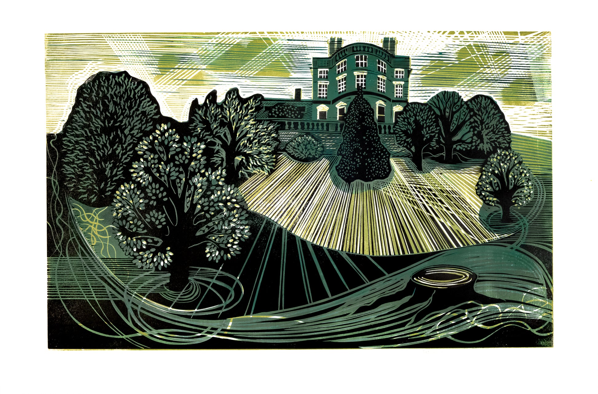 A linocut print featuring a rural landscape with a prominent manor house, surrounded by trees and a winding road, in green, black, white, and yellow tones.