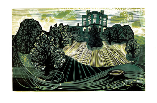 A linocut print featuring a rural landscape with a prominent manor house, surrounded by trees and a winding road, in green, black, white, and yellow tones.