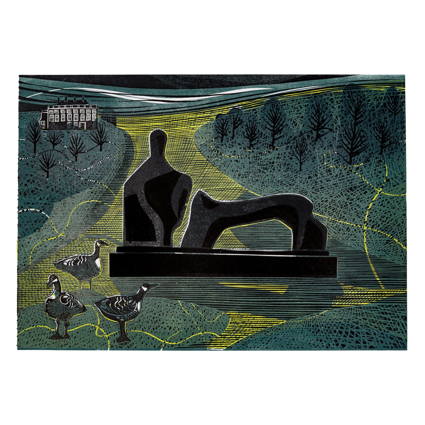 Original linocut print featuring a stylised representation of a sculpture, trees, water, and birds.