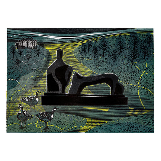 Original linocut print featuring a stylised representation of a sculpture, trees, water, and birds.