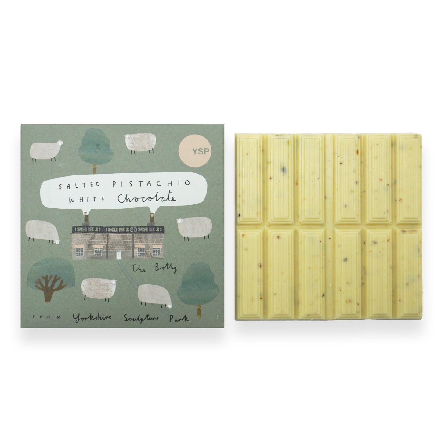 A square blue carboard packet that features drawings of sheep, trees and The Bothy at YSP next to a square bar of white chocolate.