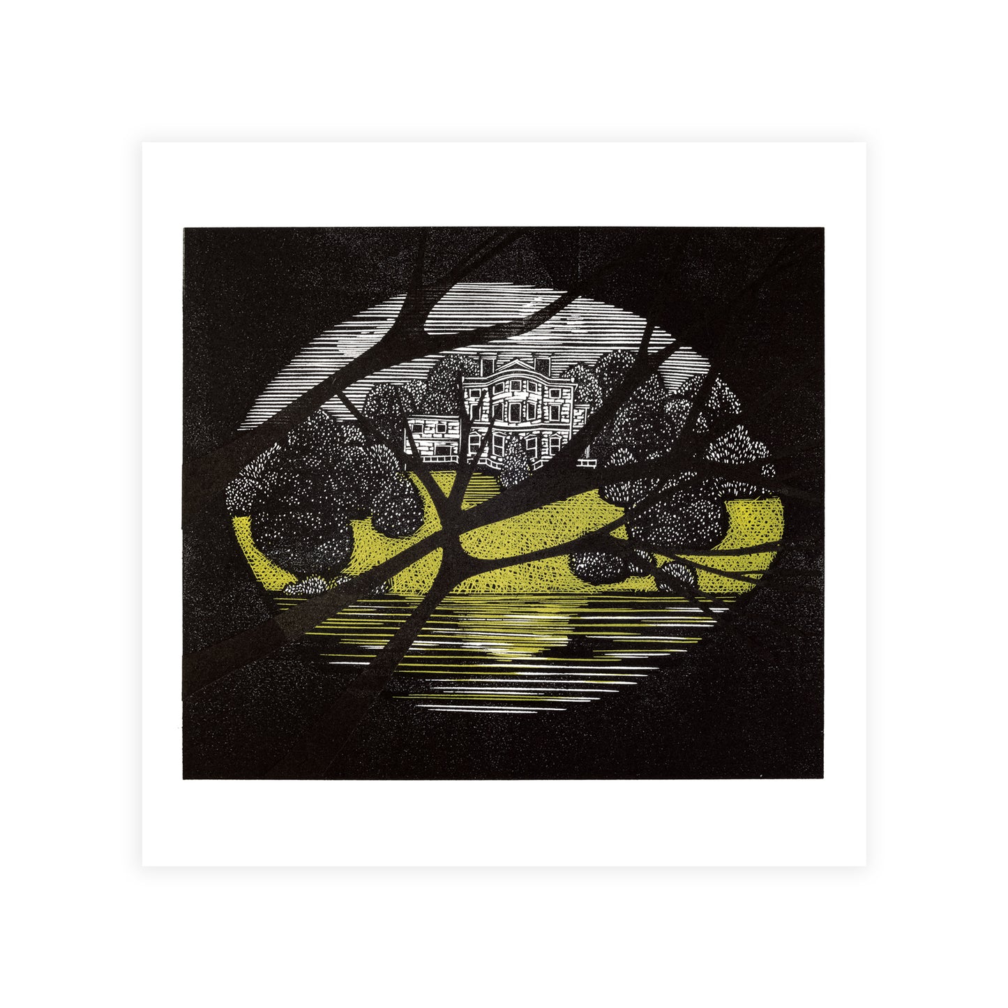Artistic depiction of a building through tree branches with a yellow ground.