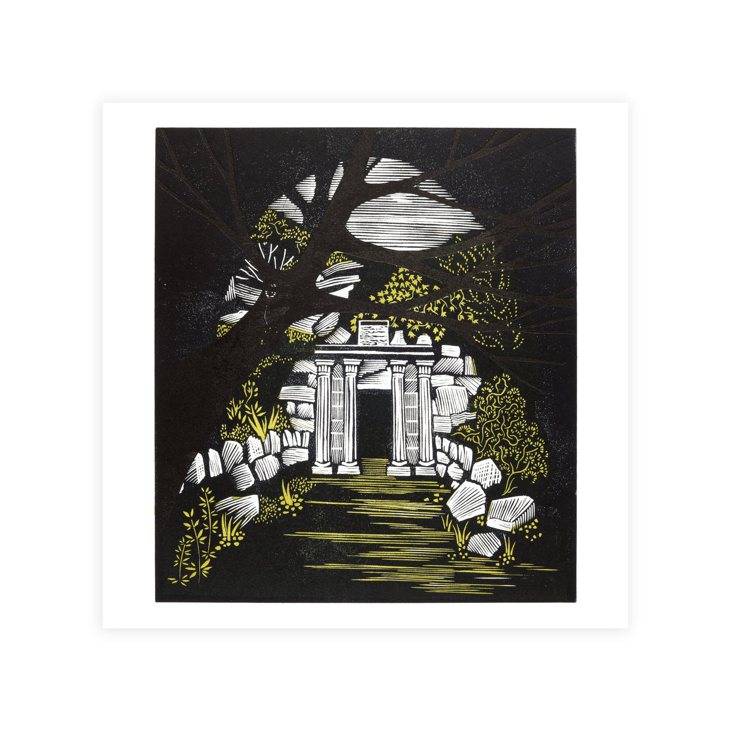 Artistic print depiction of a stone well with columns and decorative elements on a black background