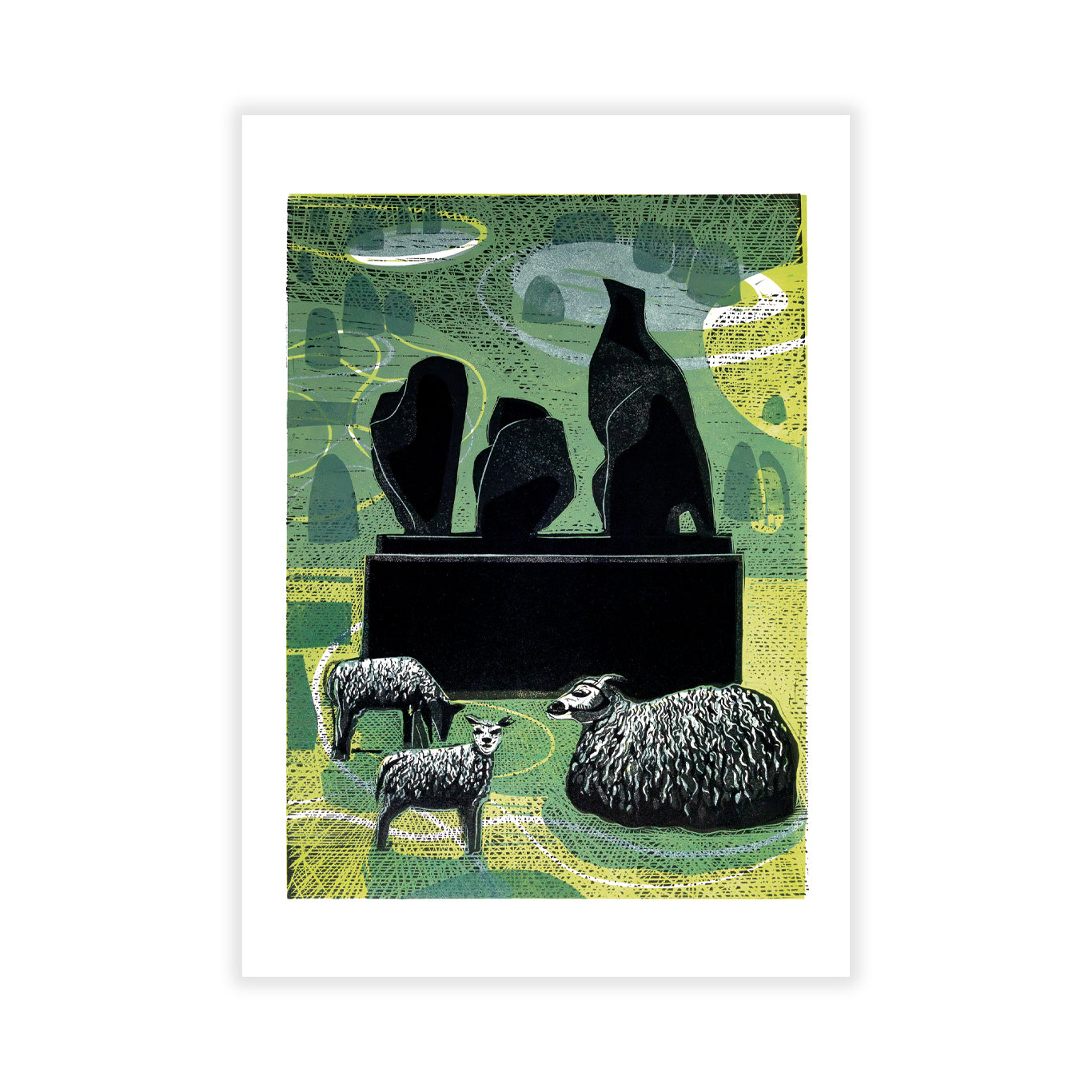 Illustration of black stone sculptures and sheep on a green patterned background