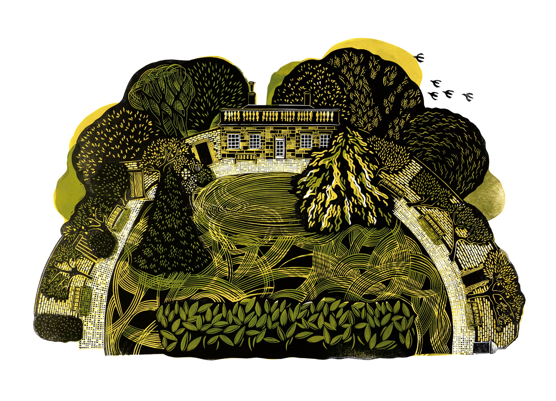 A linocut print featuring a garden with trees, shrubbery, and a building in the background.