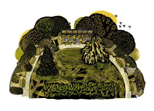 A linocut print featuring a garden with trees, shrubbery, and a building in the background.
