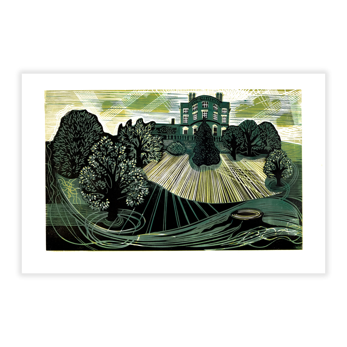 A linocut print featuring a rural landscape with a prominent manor house, surrounded by trees and a winding road, in green, black, white, and yellow tones.