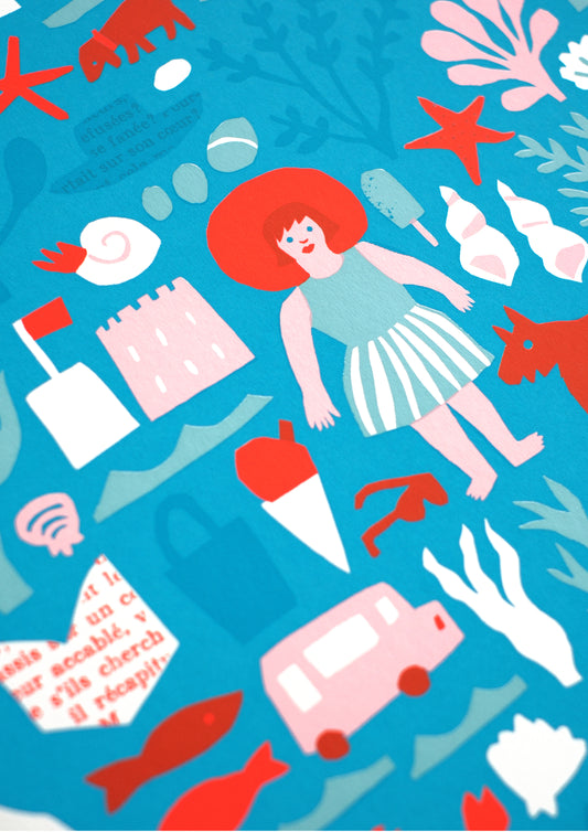 A vibrant illustration featuring a variety of seaside elements, including boats, lighthouses, coral, and marine life. It depicts people engaging in activities like fishing and enjoying the beach, all set against a bright blue background.