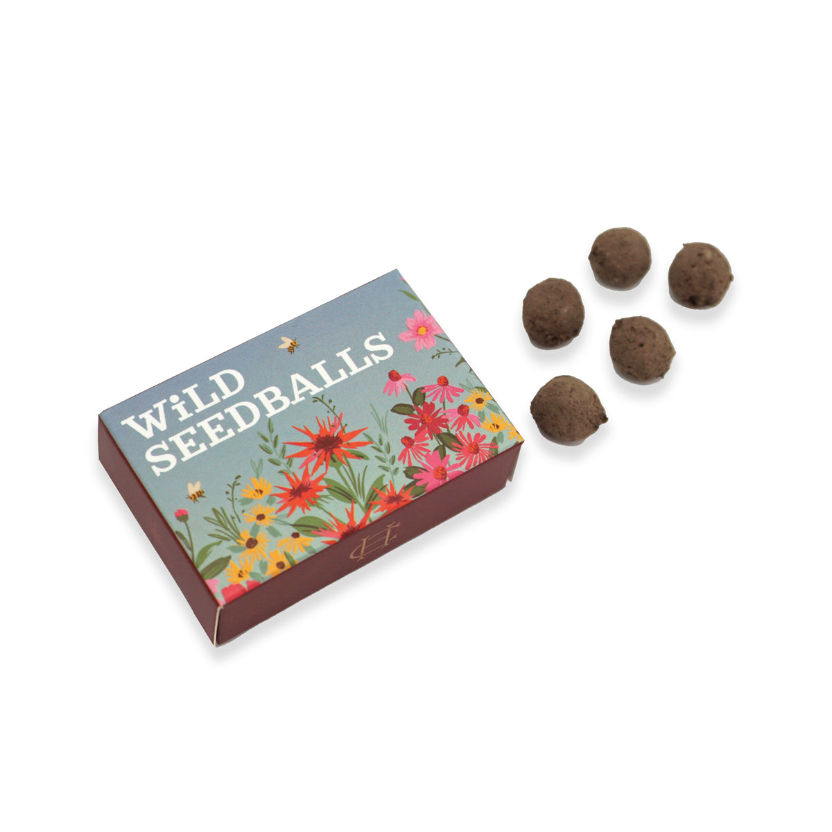 A boxed set of wild seedballs with five round brown seedball balls displayed beside the packaging on a clean white background. The box lid features a floral design with the text 'WILD SEEDBALLS' in white.