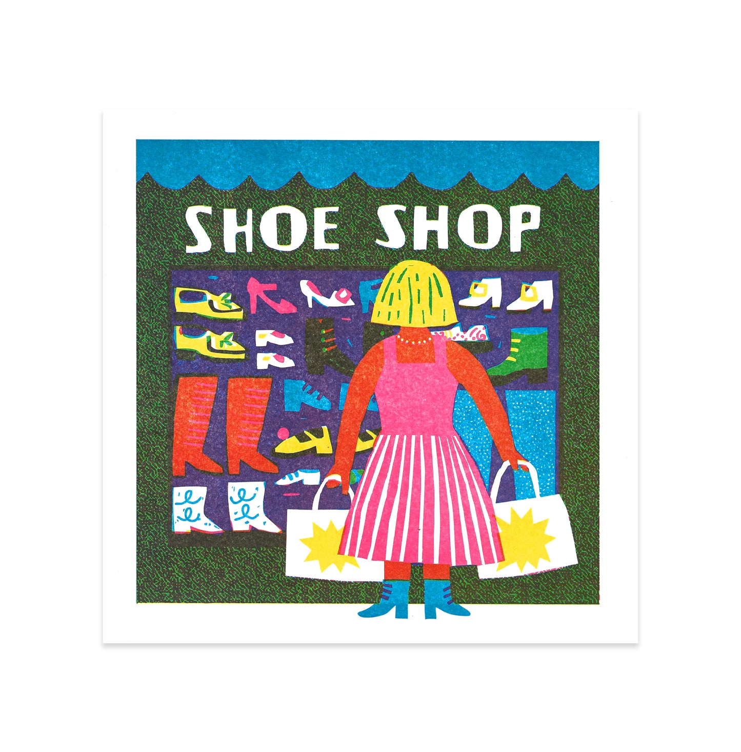 A brightly coloured illustration of a woman with a bob haircut, wearing a pink dress and blue shoes, standing outside a shoe shop. She holds two shopping bags and is surrounded by a display of various shoes in the shop window.