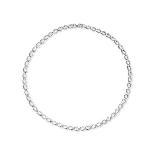 A chunky silver link chain, round in shape and on a plain white background.