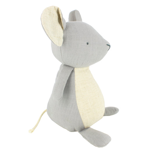 A plush mouse soft toy with shades of grey and cream. The mouse has large round ears.