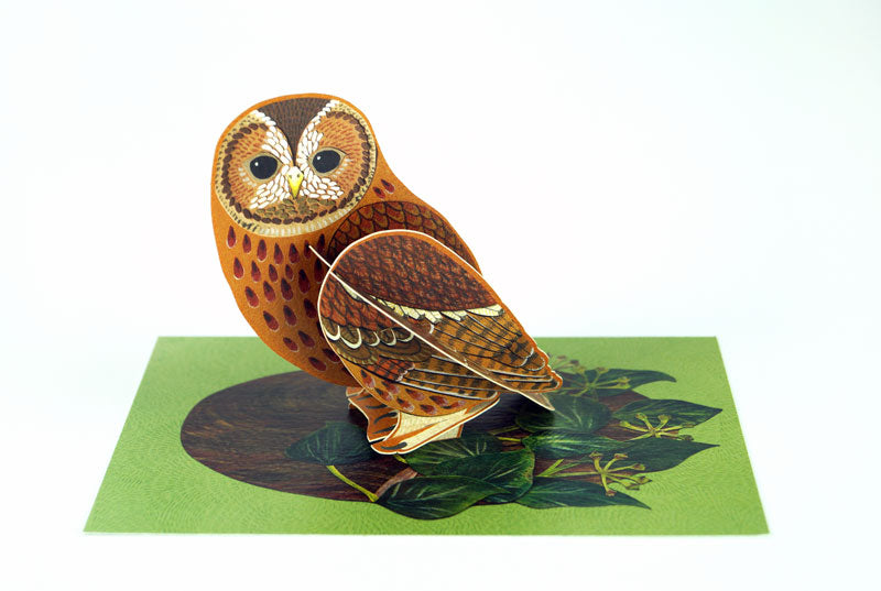 A three-dimensional paper model of an owl, featuring intricate patterns in shades of brown and cream. The owl stands on a green background with a circular wooden design, surrounded by leafy illustrations, creating a vibrant and artistic display.