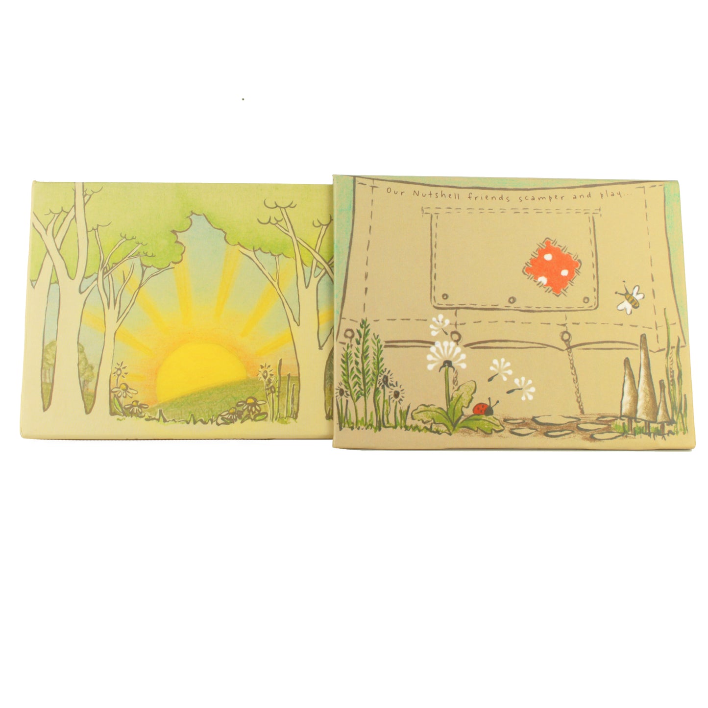 An opening sliding box with nature scenes printed on.