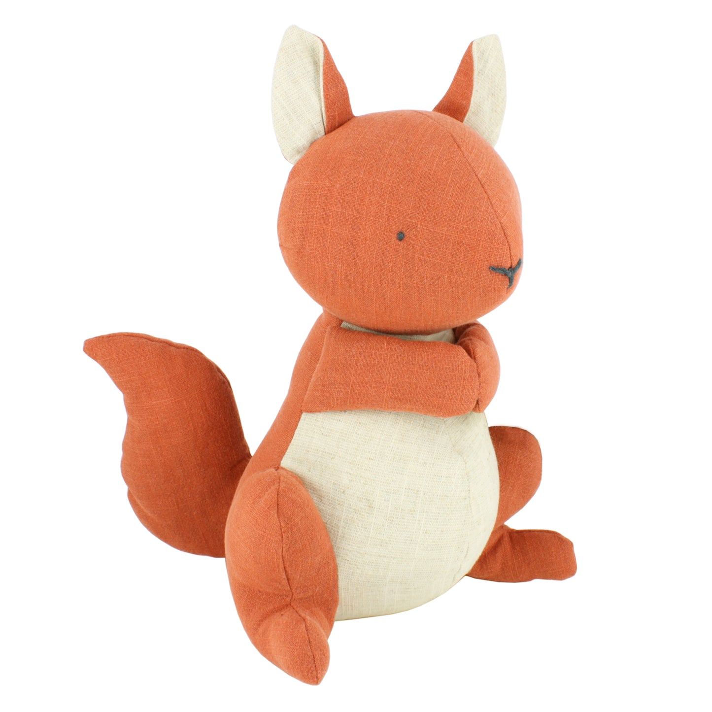 Plush toy squirrel with orange fur and white accents on a white background