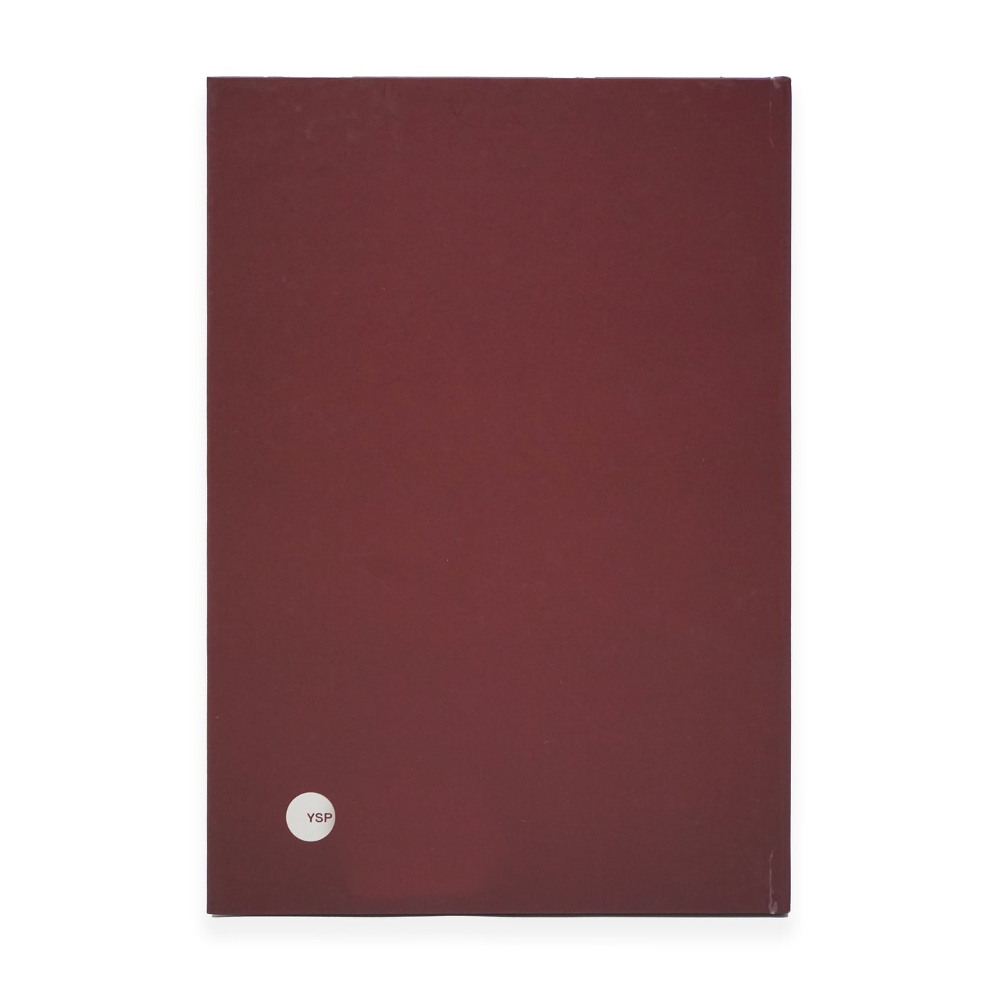 The back cover of a book with a white logo on a burgundy background