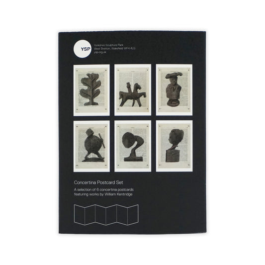 Black postcard set packaging with illustrations of sculptures and YSP branding.