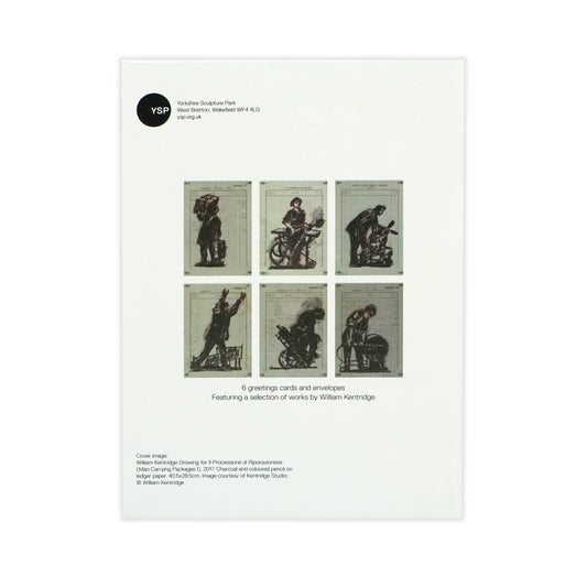 Set of six greeting cards and envelopes with black and white illustrations on a white background