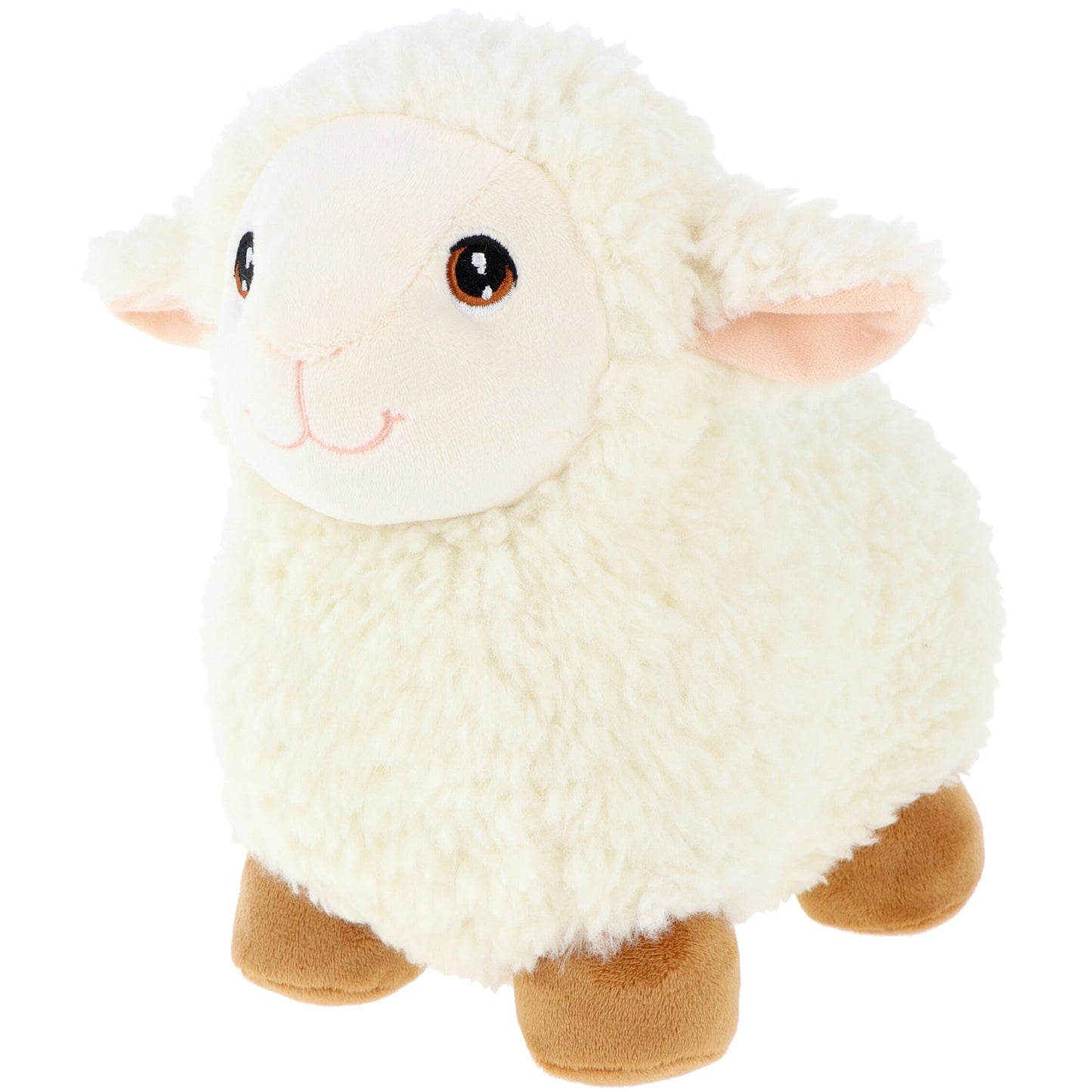 A soft, fluffy plush sheep with a cream-coloured body, round face, and friendly expression. It has small pink ears and brown hooves, making it an adorable toy suitable for children.