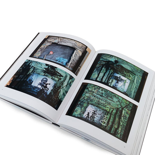 An open book spread showing four photographs of a projected animation.
