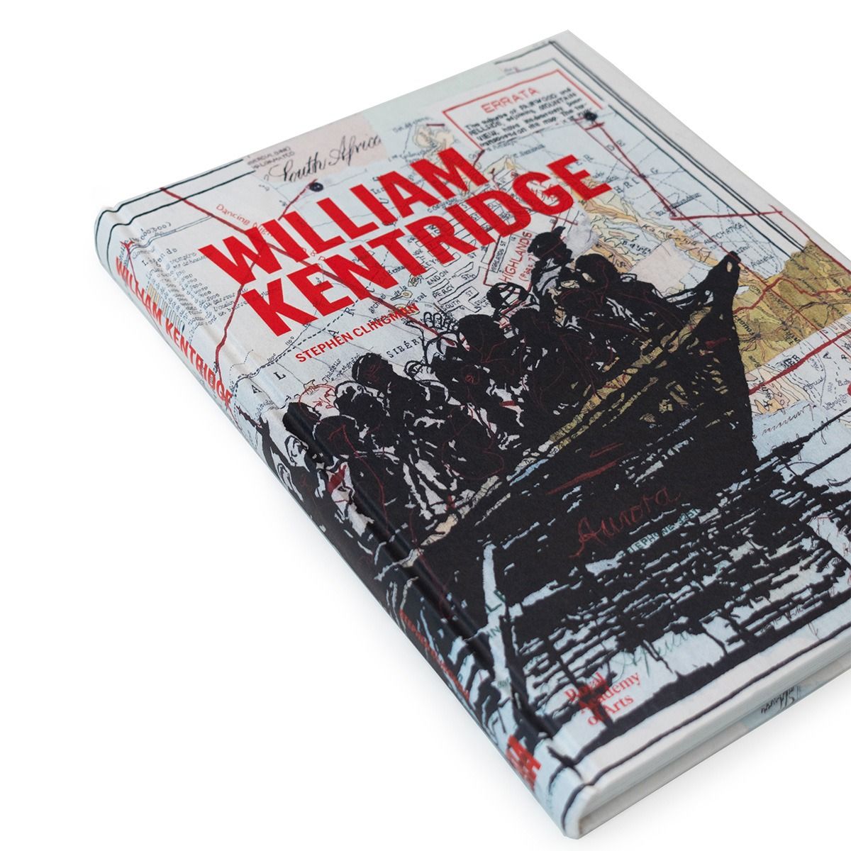 A rectangular book featuring a map background, a black illustration of a boat on water filled with people and the title 'William Kentridge' in bright red text in the top left corner.