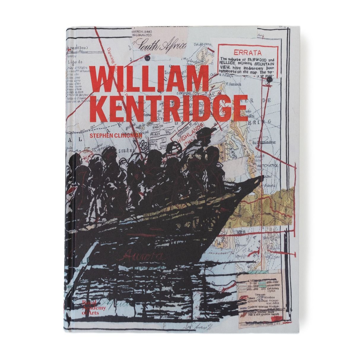 A rectangular book featuring a map background, a black illustration of a boat on water filled with people and the title 'William Kentridge' in bright red text in the top left corner.