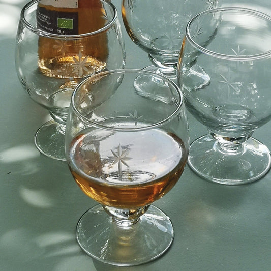 Wine glasses with a bottle of wine on a reflective surface