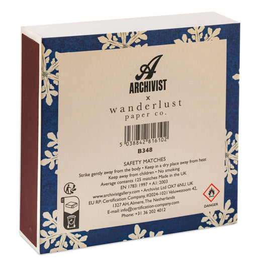 Box of safety matches with 'Archivist' and 'wanderlust paper co.' branding on a white background.