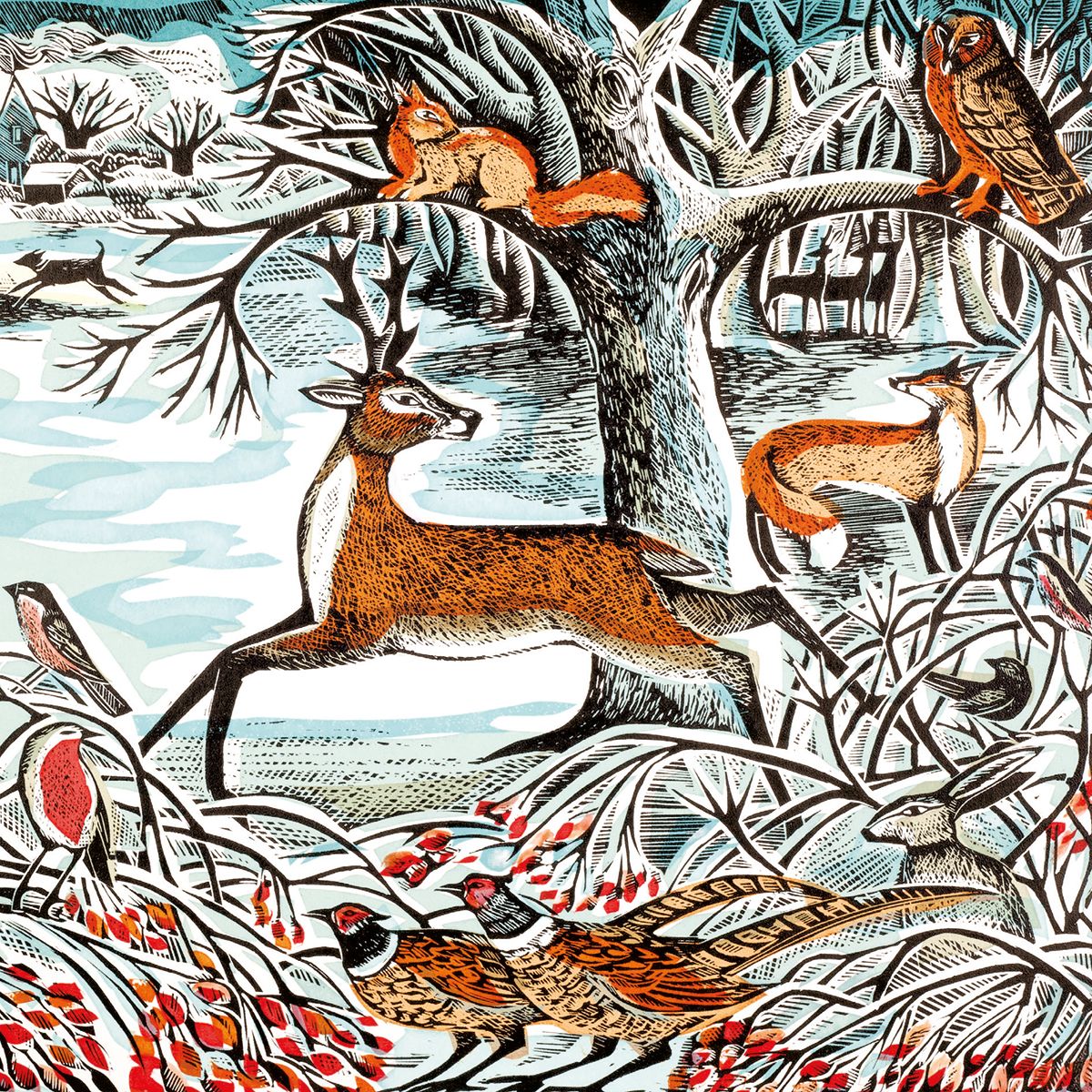 A detailed winter woodland illustration featuring a deer in the foreground, an owl on a tree branch, a squirrel, a fox, pheasants, and other birds among snowy branches and red berries.