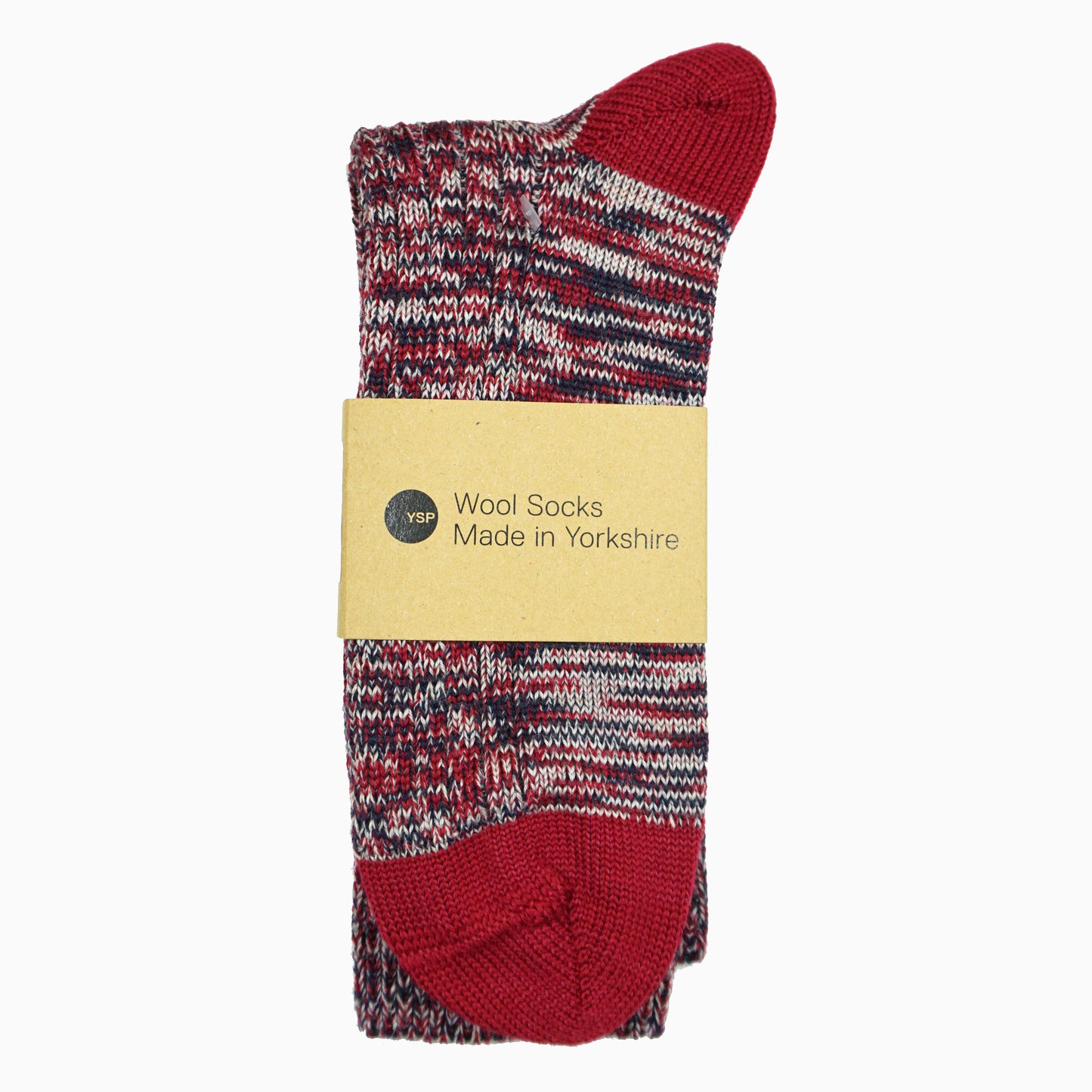 A pair of claret and navy marl wool socks with a brown cardboard belly band featuring the YSP logo.