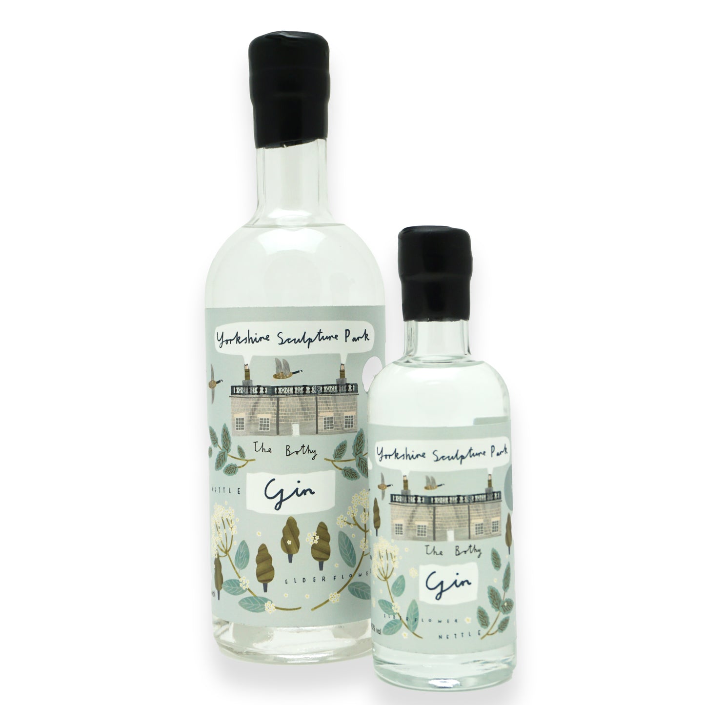 A large and small glass bottle placed next to each other with black wax dipping on the neck, with a blue label featuring illustrations of botanicals found around Yorkshire Sculpture Park.
