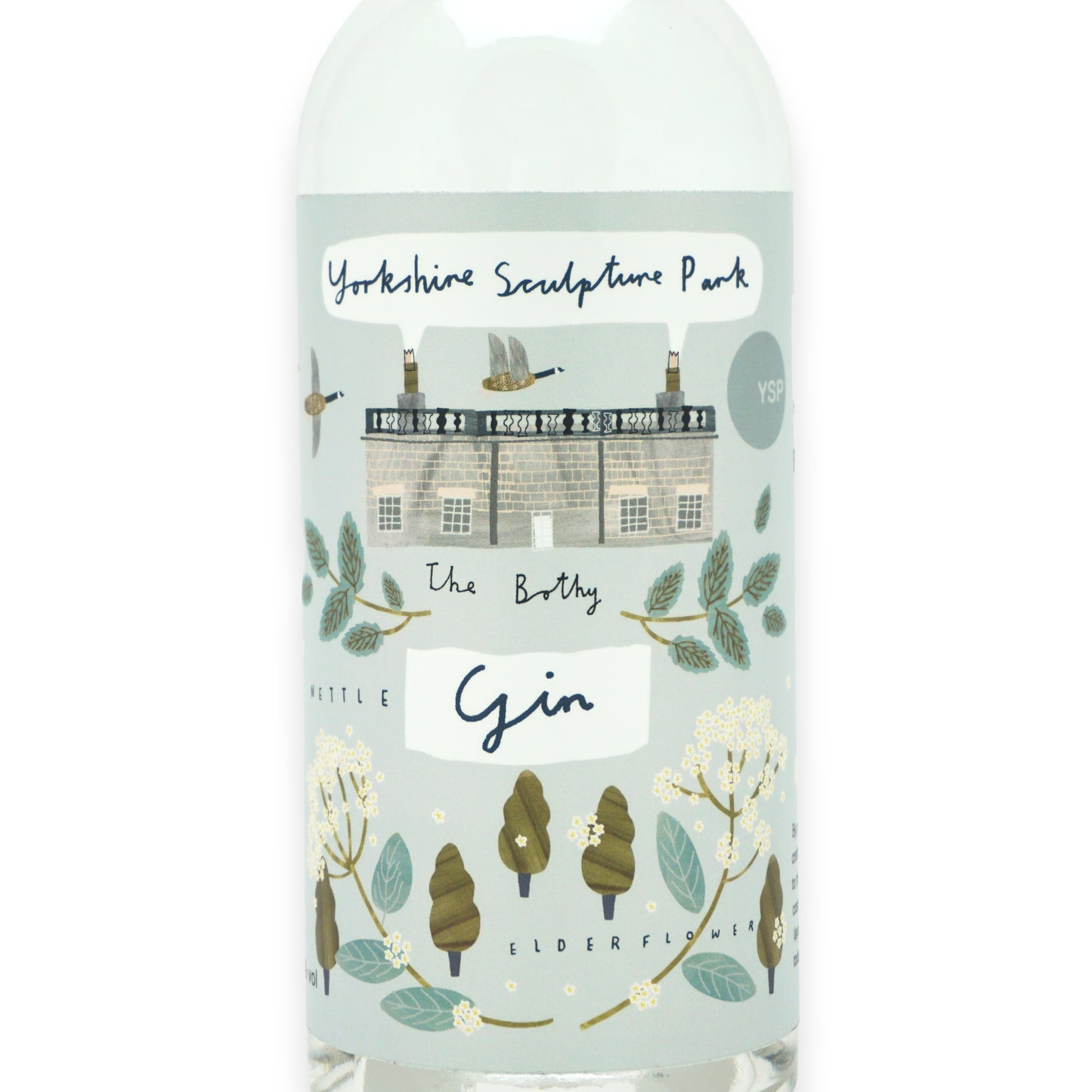 A close up shot of a blue label featuring illustrations of botanicals found around Yorkshire Sculpture Park.