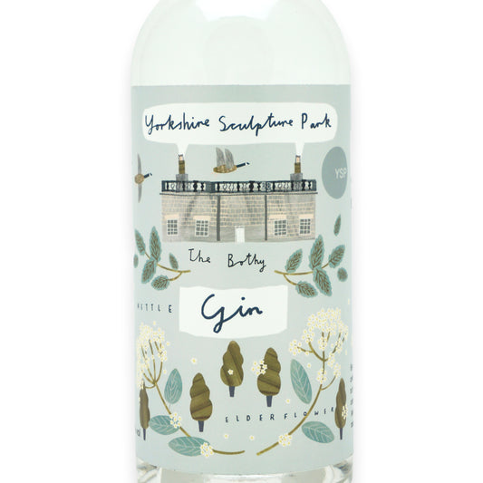 A close up shot of a blue label featuring illustrations of botanicals found around Yorkshire Sculpture Park.