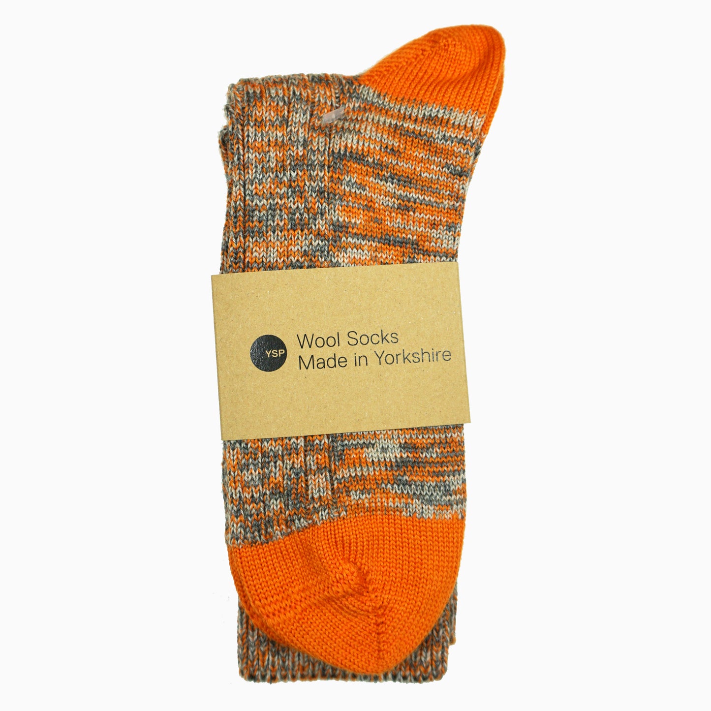 A pair of orange and grey marl wool socks with a brown cardboard belly band featuring the YSP logo.