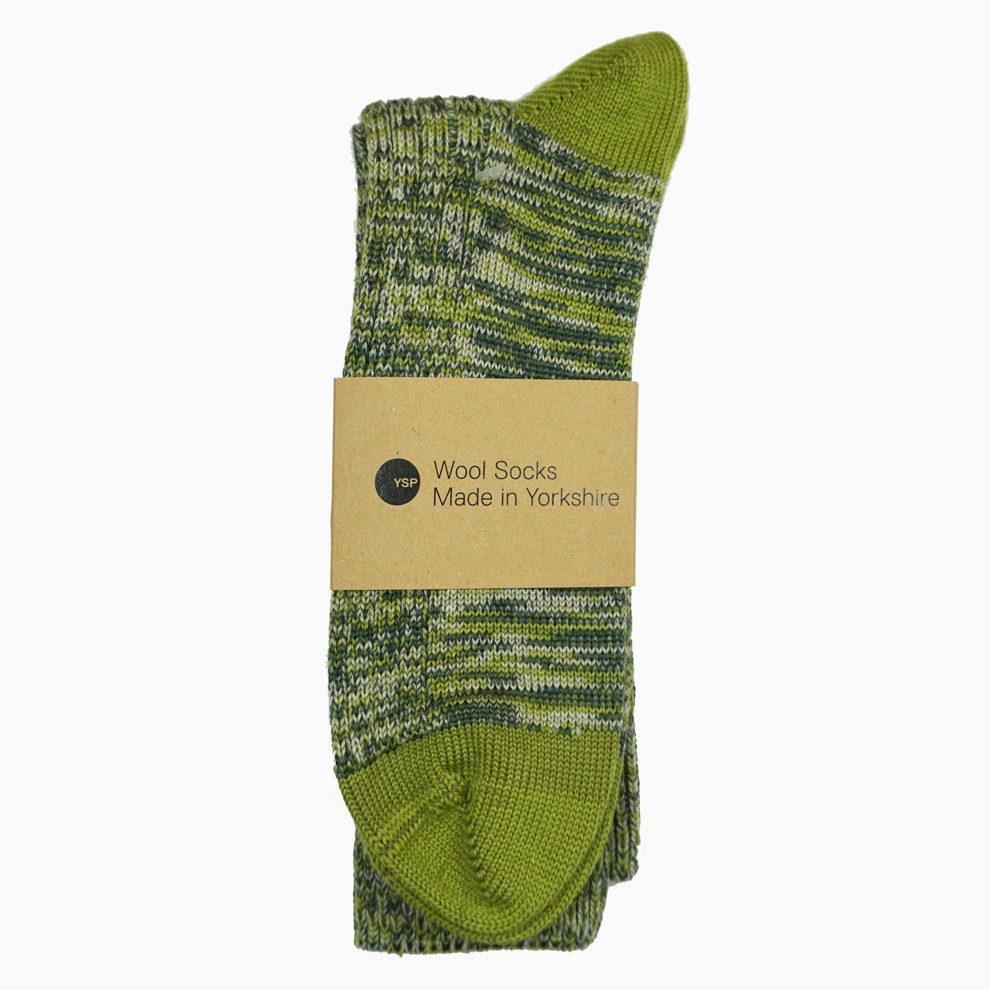 A pair of green marl wool socks with a brown cardboard belly band featuring the YSP logo.