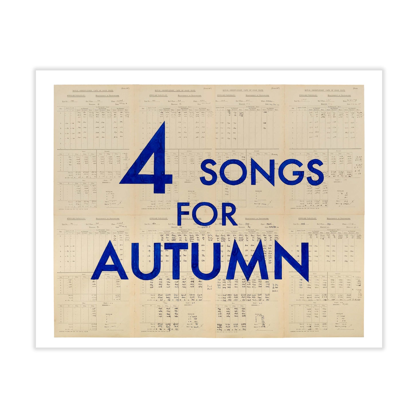 A print featuring the words '4 SONGS FOR AUTUMN' in blue text on a beige background.