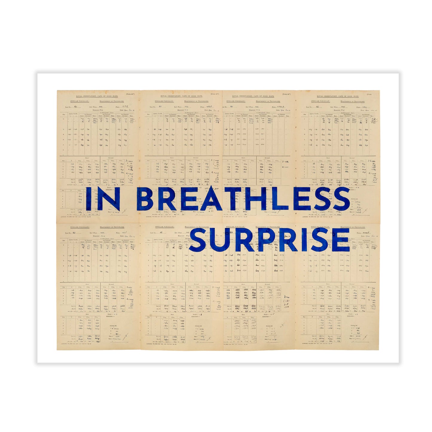A print featuring the words 'IN BREATHLESS SURPRISE' in blue text on a beige background.