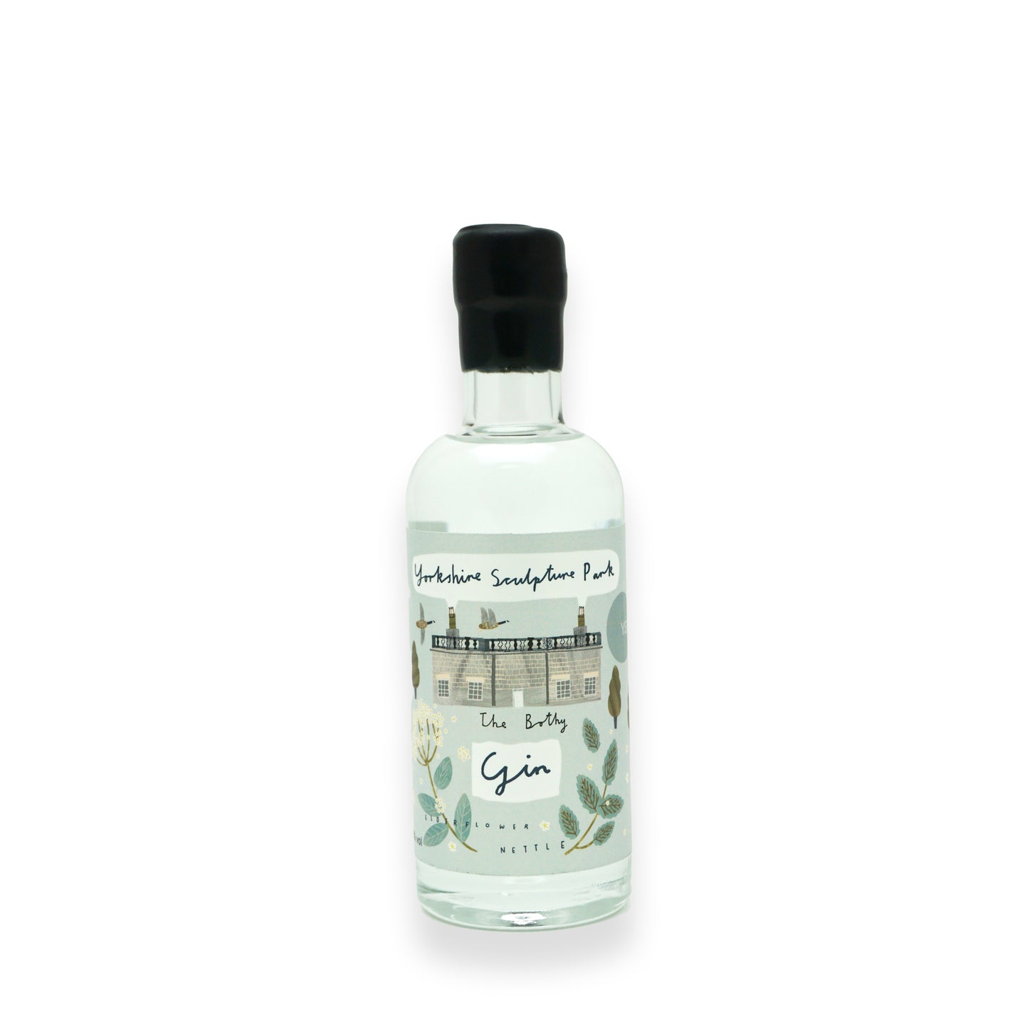 A small glass bottle with black wax dipping on the neck, with a blue label featuring illustrations of botanicals found around Yorkshire Sculpture Park.