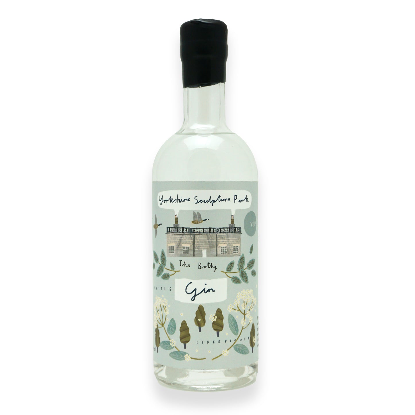 A large glass bottle with black wax dipping on the neck, with a blue label featuring illustrations of botanicals found around Yorkshire Sculpture Park.