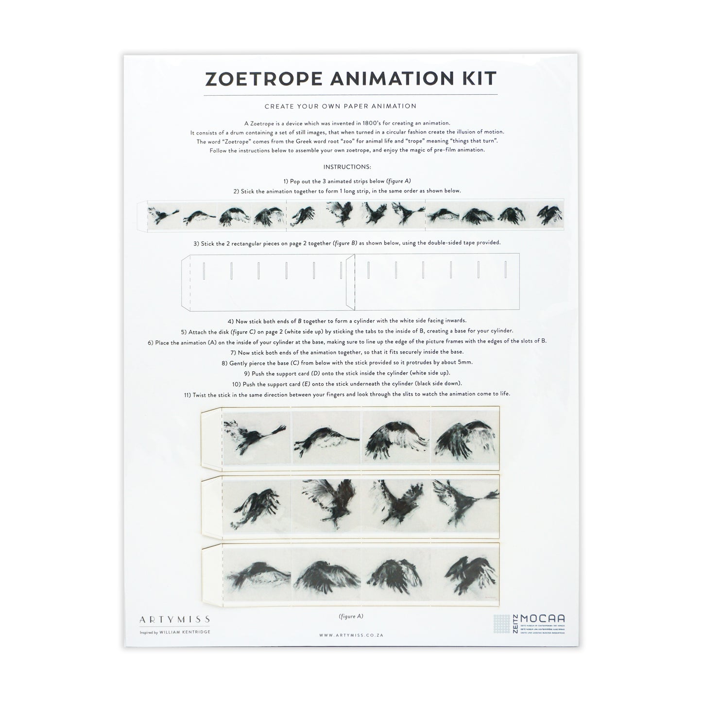 Zoetrope animation kit with instructions and illustrations on a white background